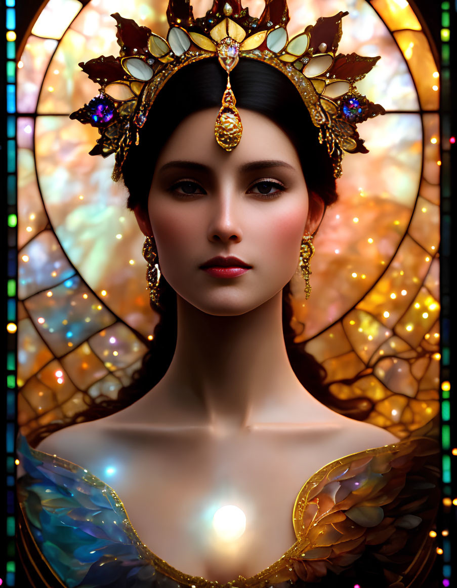 Ethereal woman with ornate headdress and iridescent wings against stained-glass backdrop
