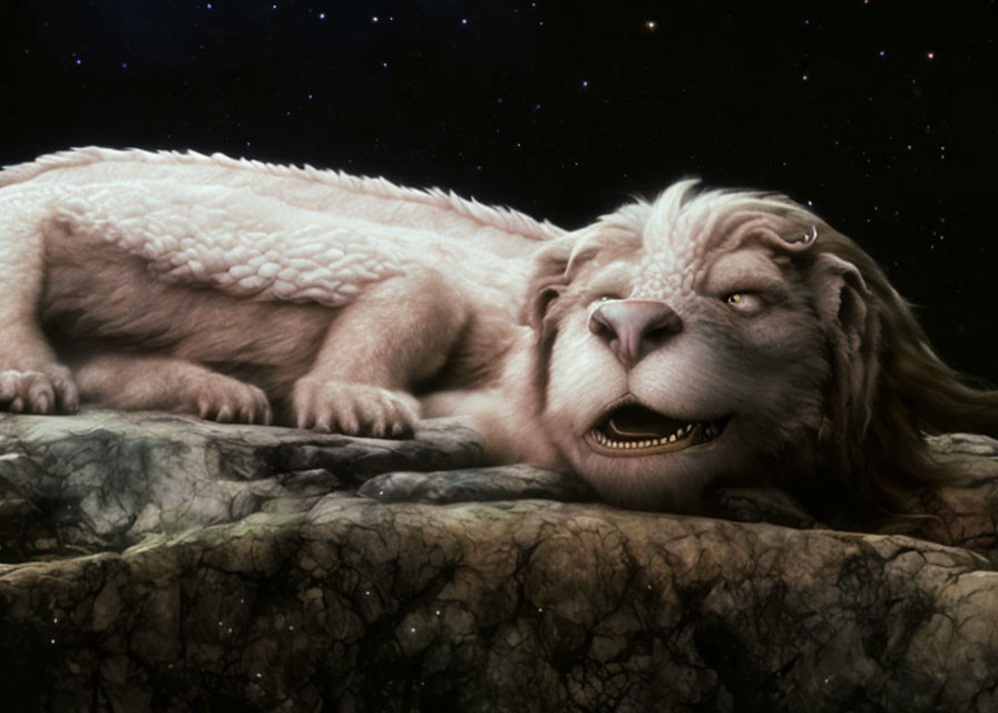 Majestic lion-like creature with thick wool resting under starlit sky