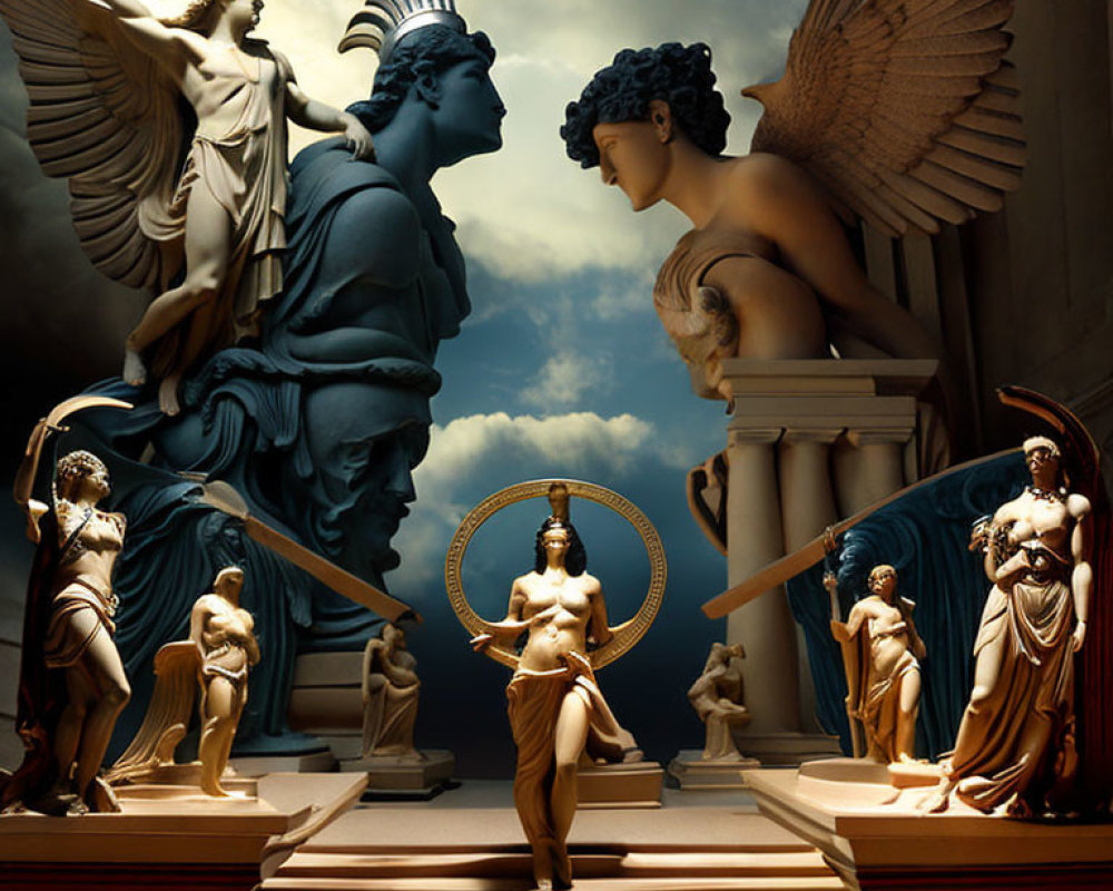 Classic statues illuminated under dramatic lighting against stormy sky backdrop