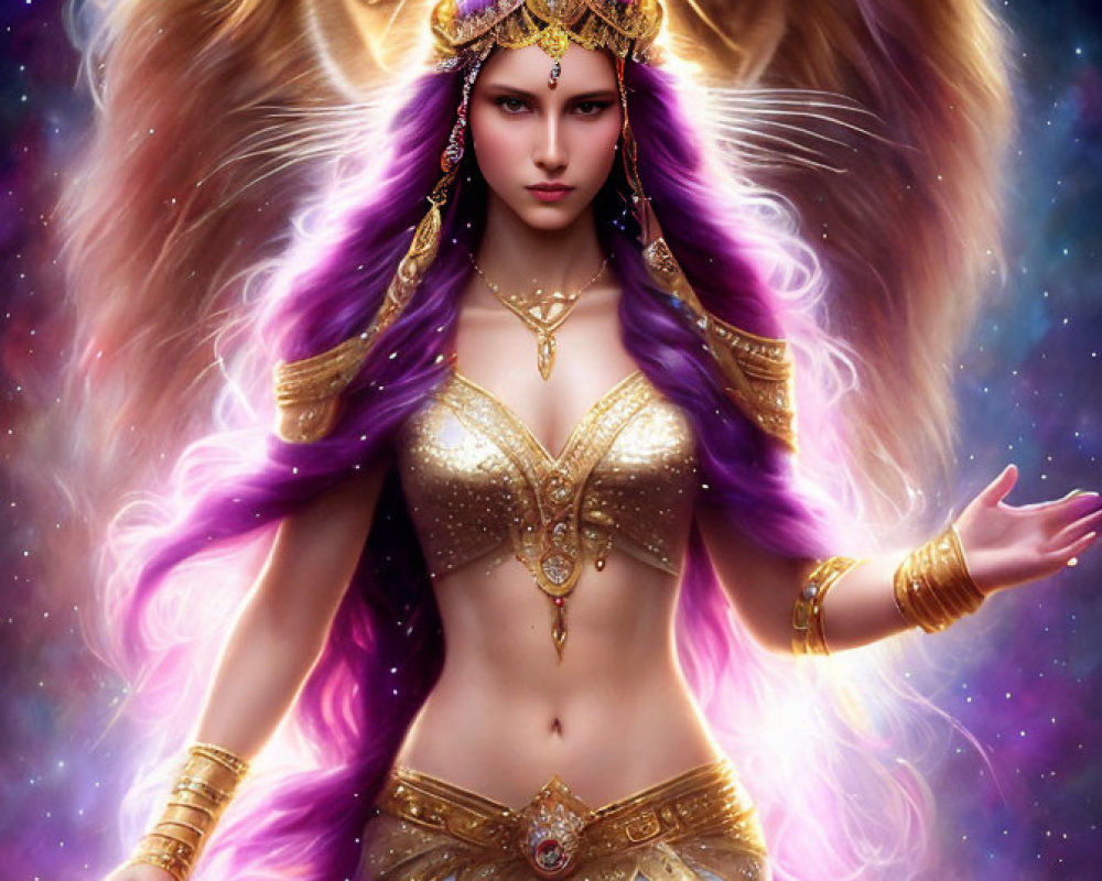 Majestic woman with lion's head halo in cosmic setting