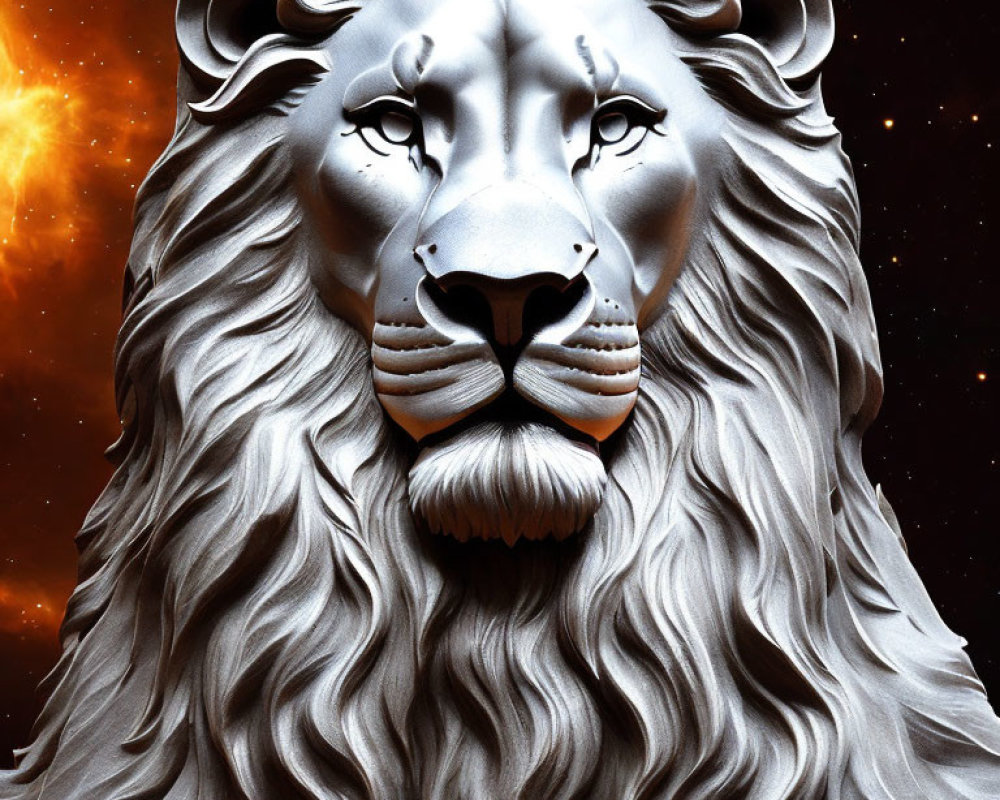 Silver lion's head with intricate mane on fiery starry backdrop represents strength and elegance