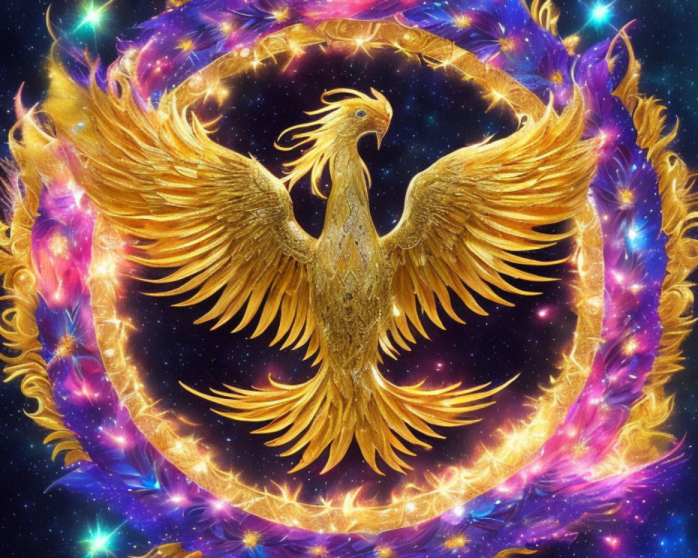 Golden Phoenix with Outstretched Wings in Fiery Ring on Cosmic Background