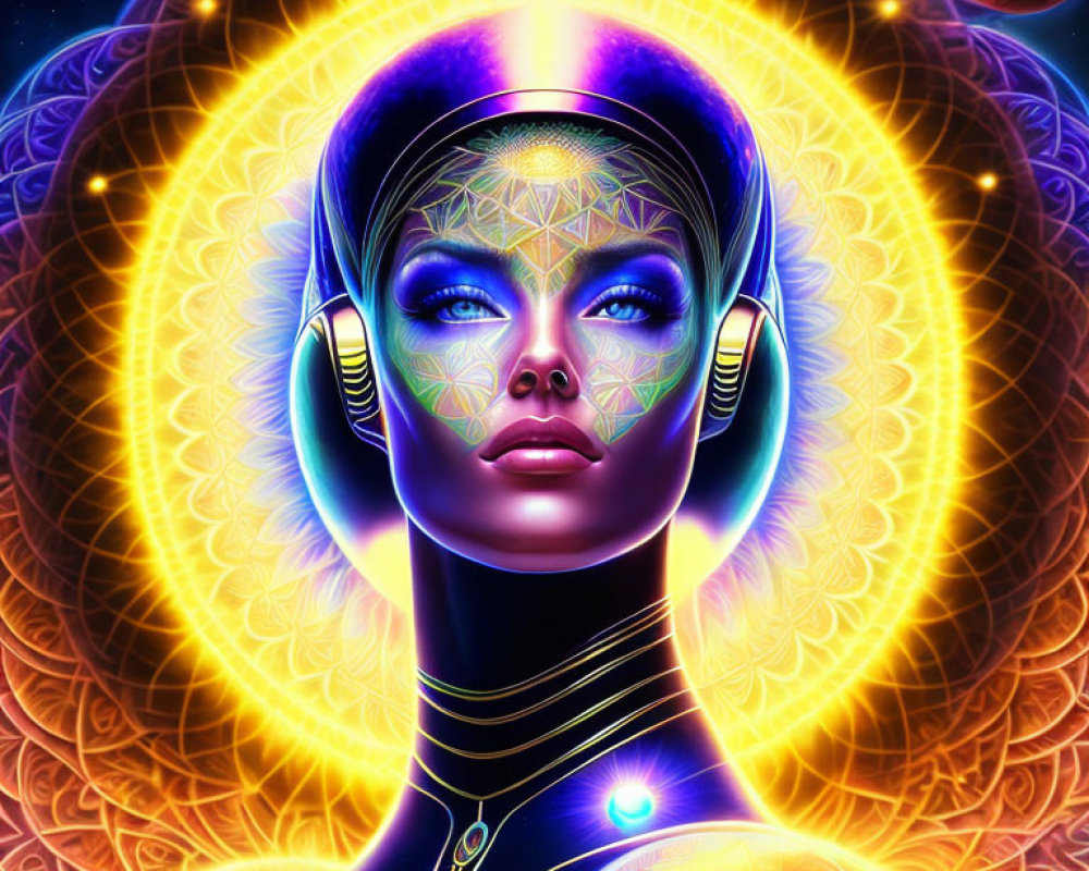 Vibrant digital artwork of futuristic female figure in cosmic setting
