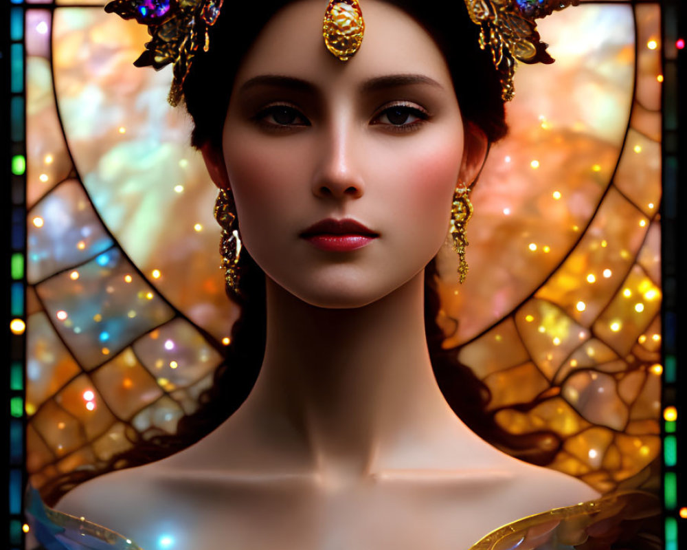 Ethereal woman with ornate headdress and iridescent wings against stained-glass backdrop