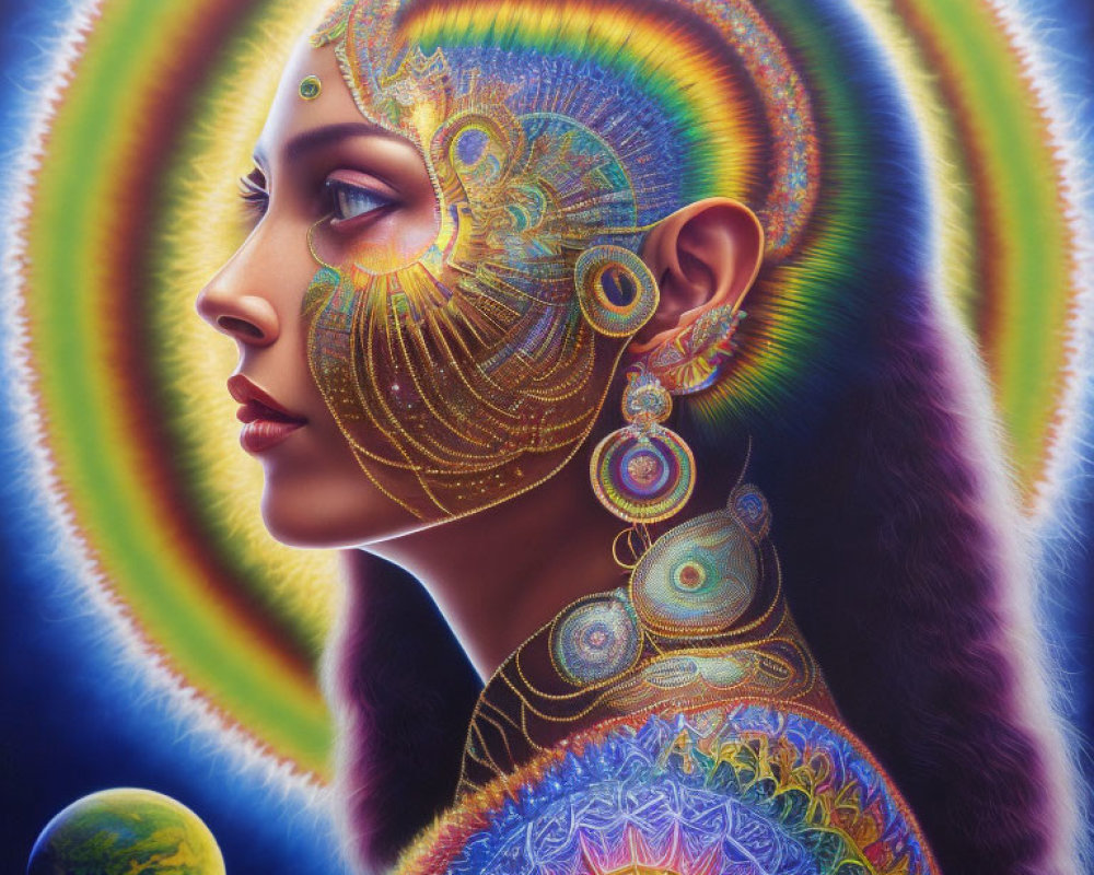 Colorful Surrealist Portrait Featuring Cosmic Motifs and Glowing Halo