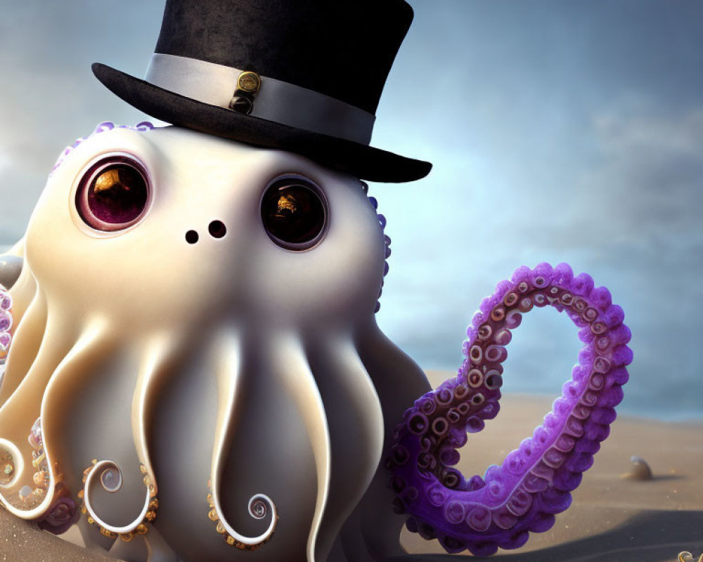 Anthropomorphized octopus with expressive eyes and top hat on sandy surface