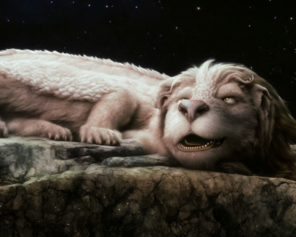 Majestic lion-like creature with thick wool resting under starlit sky