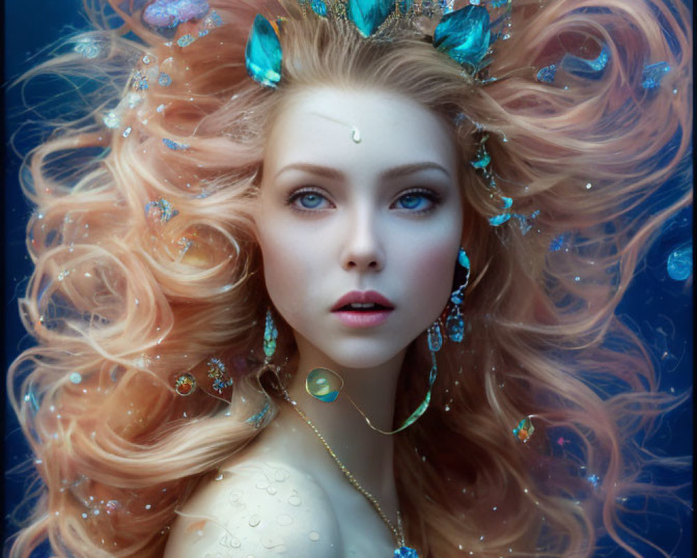 Voluminous wavy auburn hair with bejeweled crown on dreamy blue background