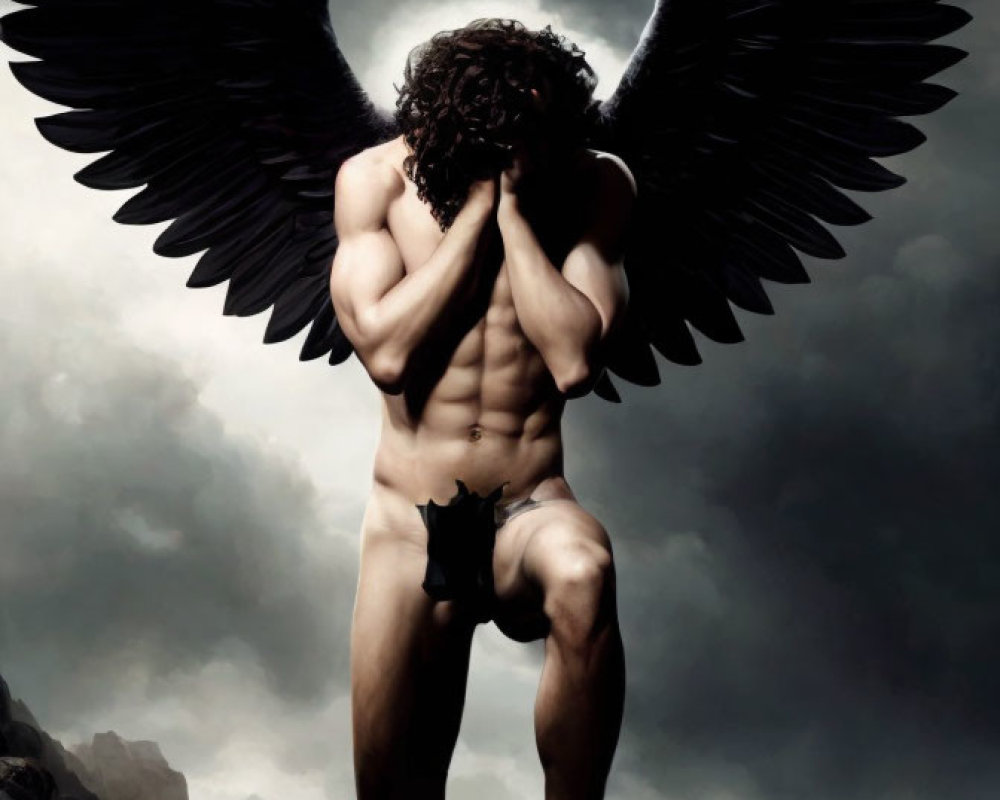 Muscular figure with dark wings in contemplative pose under stormy sky