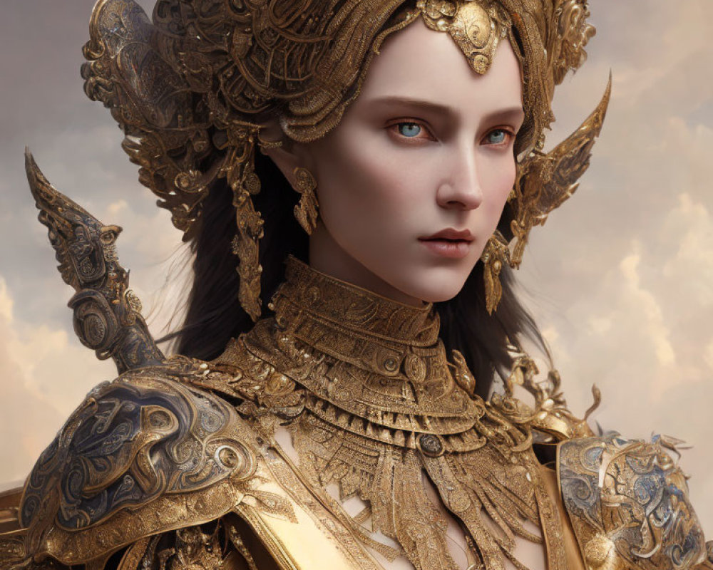 Detailed digital portrait of a woman in ornate golden armor with regal helmet and commanding expression