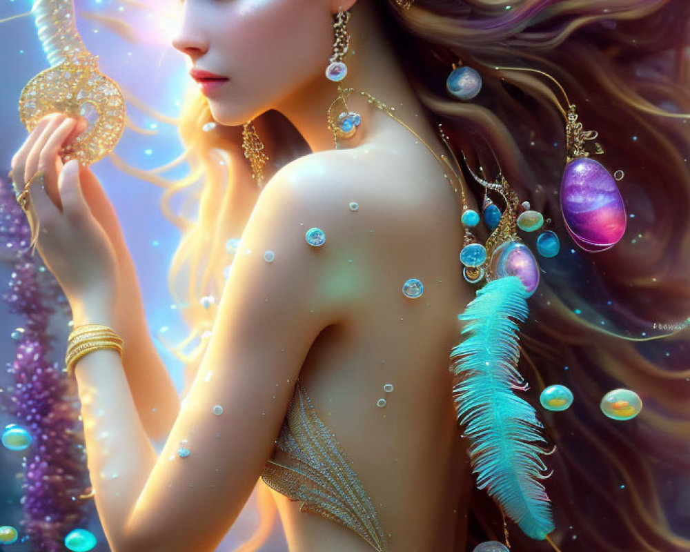 Ethereal underwater-themed woman with flowing hair and golden jewelry
