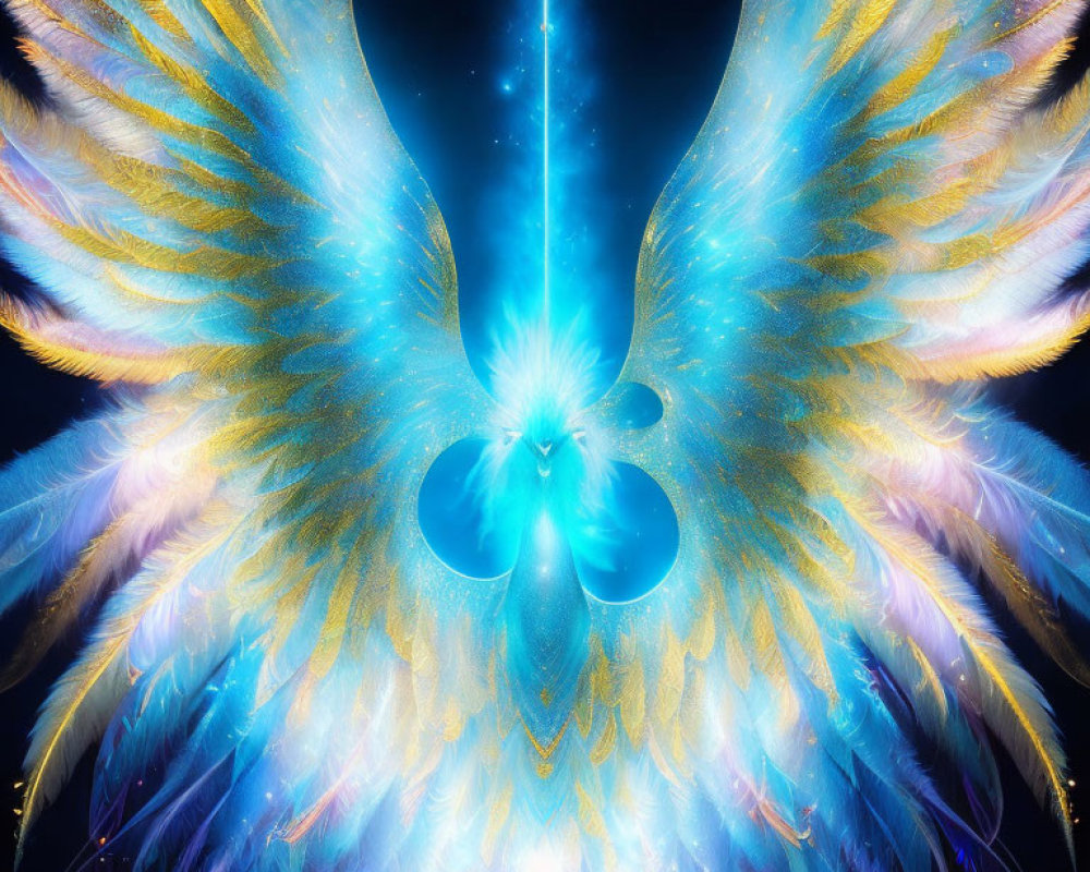 Symmetrical abstract angel with glowing blue and golden feathers