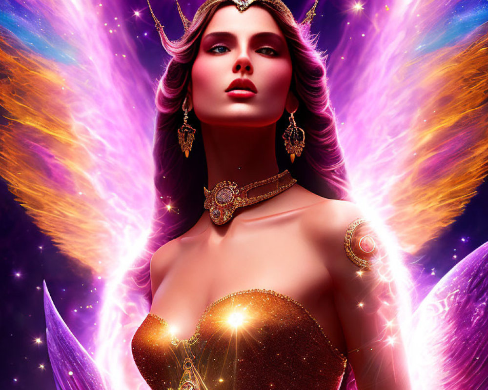 Regal woman digital portrait with mystical aura and cosmic backdrop