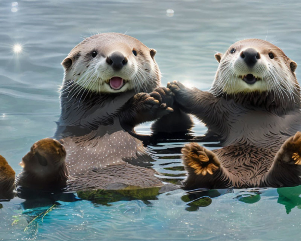 Pair of Otters Floating on Backs Holding Hands in Water