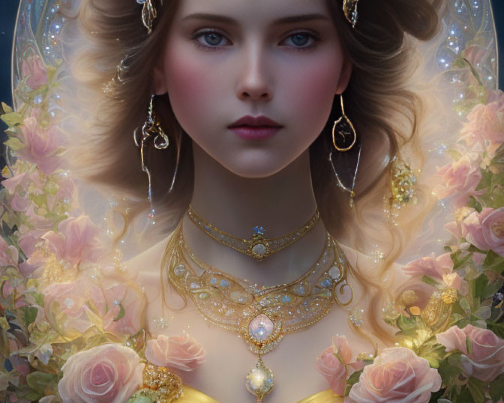Regal woman with golden crown and roses on dark background