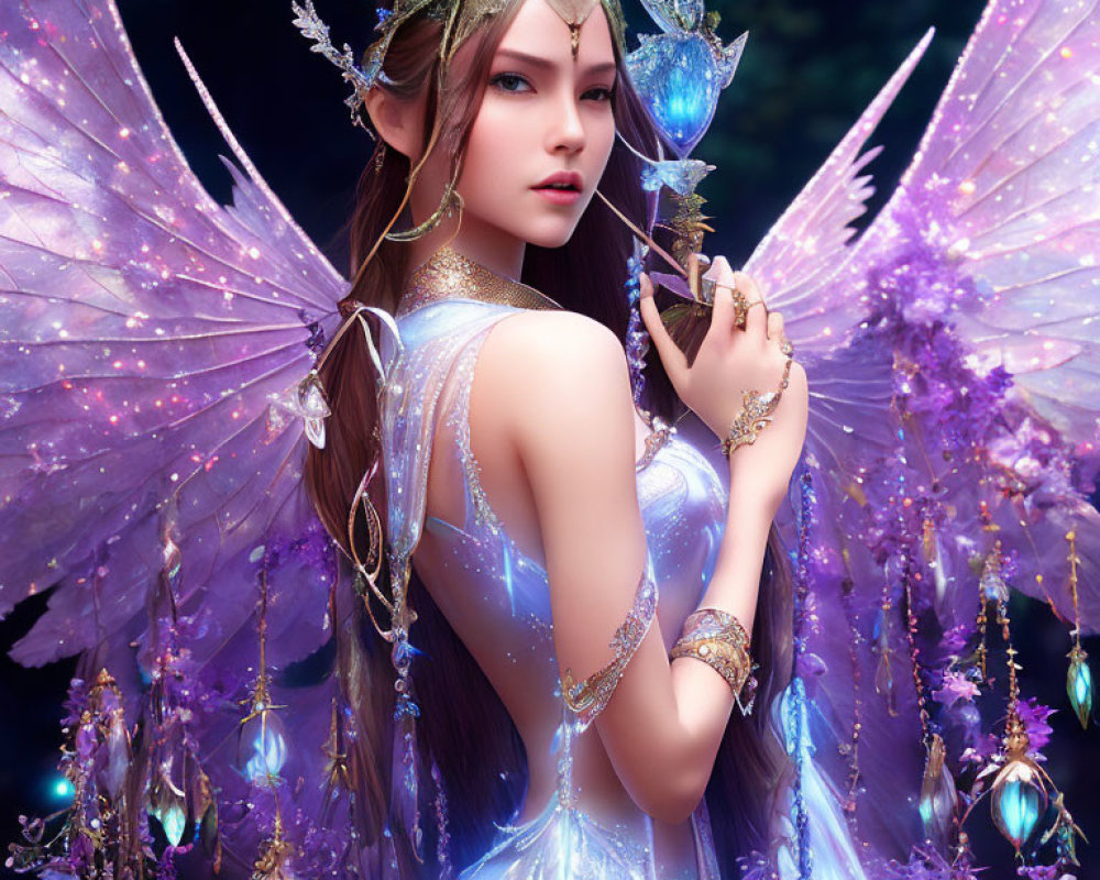 Illustrated fantasy fairy with purple wings and golden accessories on dark background