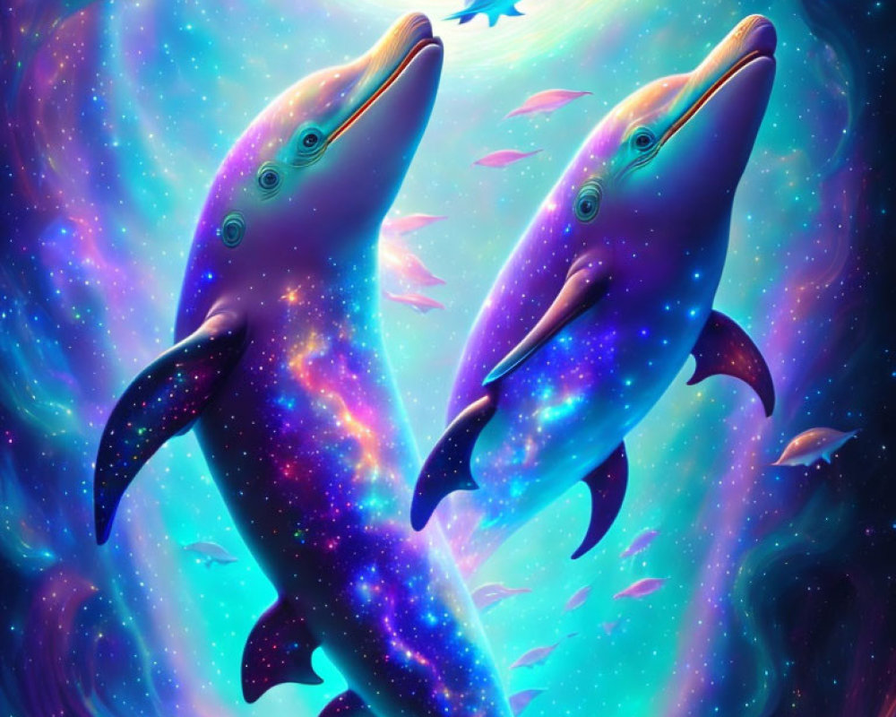 Cosmic patterned dolphins in vibrant underwater scene