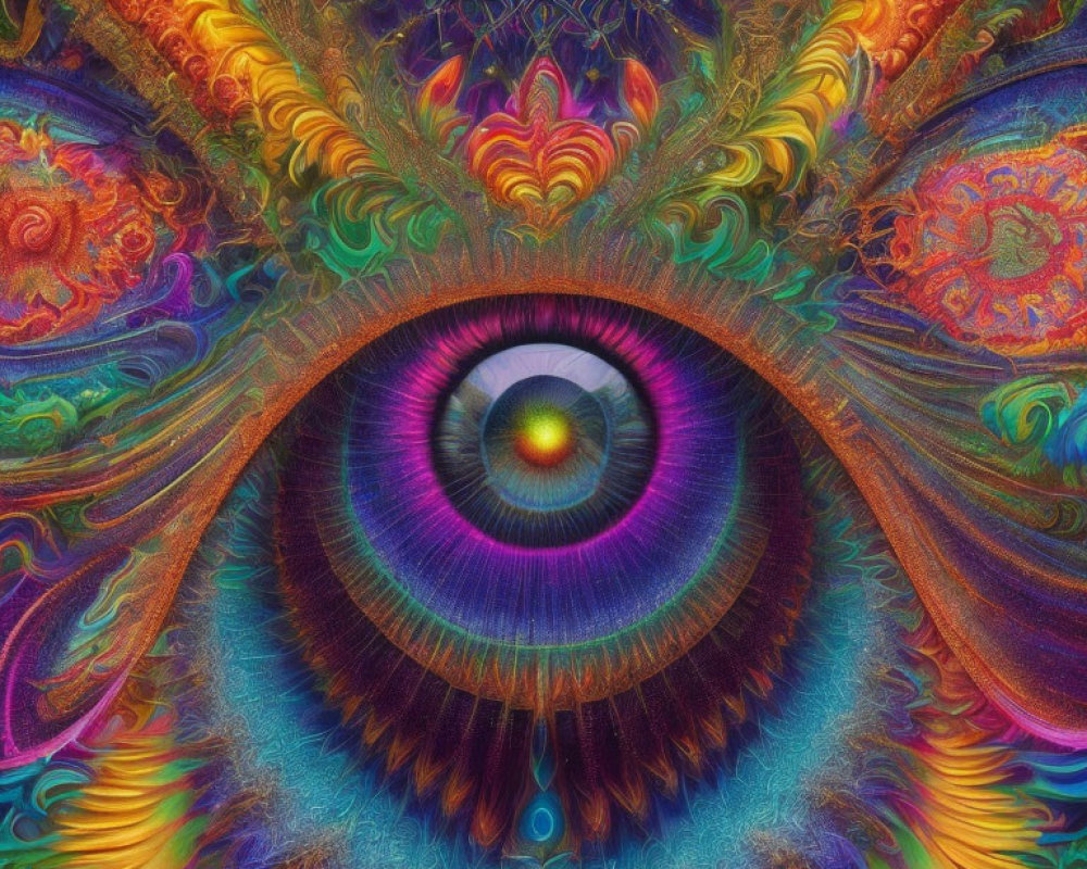 Colorful Psychedelic Fractal Art with Central Eye and Symmetrical Patterns