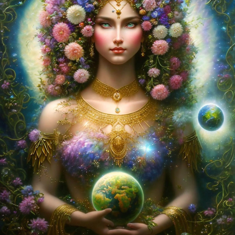 Celestial female figure with flower crown and glowing globe on cosmic backdrop