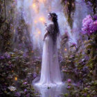 Radiant woman in white gown surrounded by mystical forest and glowing light