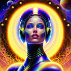 Vibrant digital artwork of futuristic female figure in cosmic setting