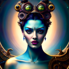 Intricate steampunk headpiece with gears and metallic ornaments on woman with striking blue makeup