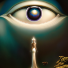 Surreal artwork: Giant eye in the sky, robed figure with candle, golden path &