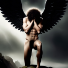 Muscular figure with dark wings in contemplative pose under stormy sky