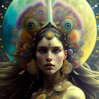 Woman in ornate peacock feather headdress with jewels against cosmic moon backdrop