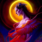 Illustration of winged woman with halo and jewelry under golden full moon