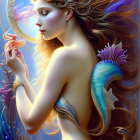 Ethereal underwater-themed woman with flowing hair and golden jewelry