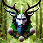 Fantastical male figure with antlers, leafy crown, and blue beard in sparkly green