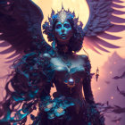Dark angelic winged figure in ornate armor under glowing moon with mystical aura