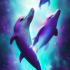 Cosmic patterned dolphins in vibrant underwater scene