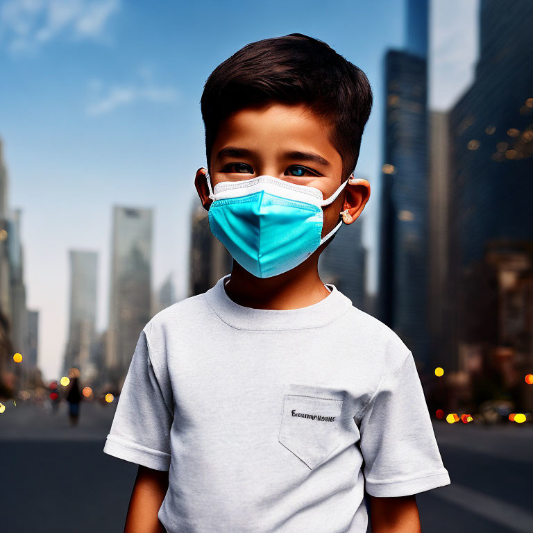 Young boy in blue face mask and white t-shirt against urban skyline