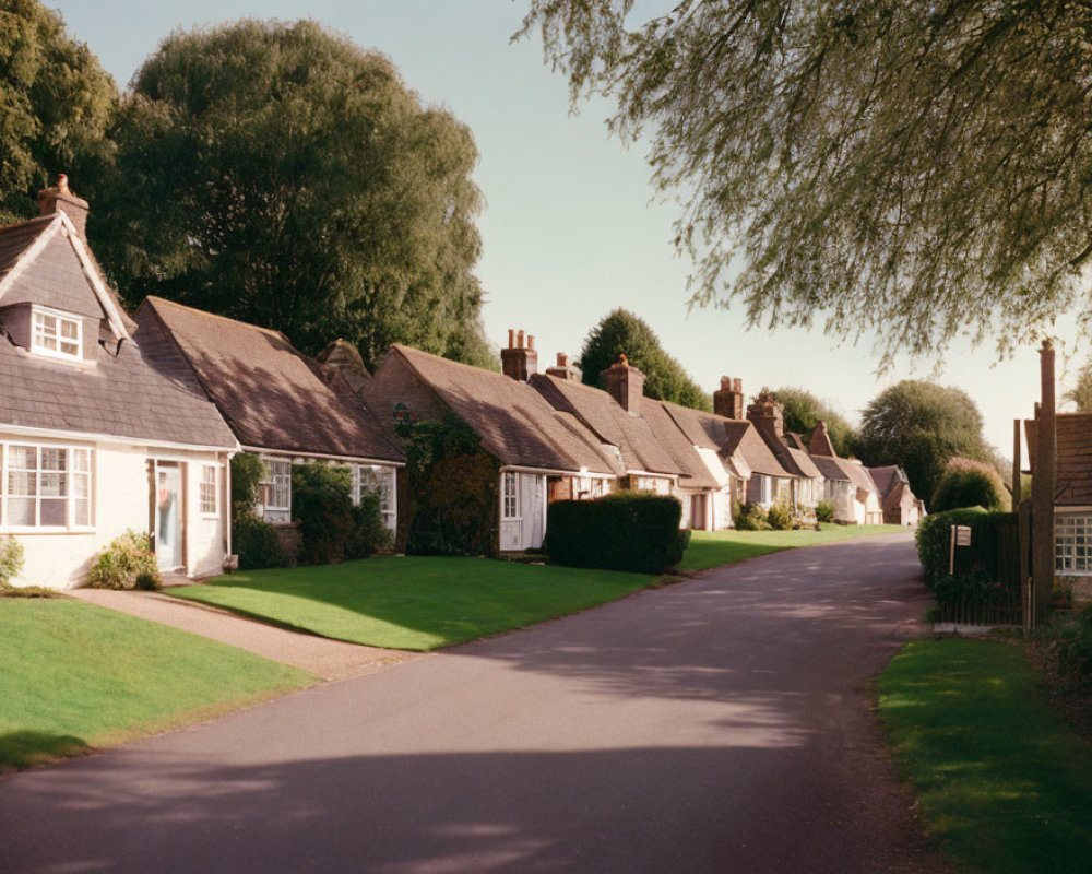 Charming cottages on tree-lined street with pitched roofs