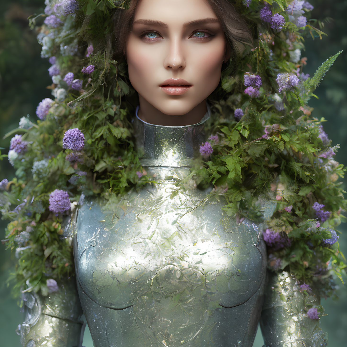 Portrait of person in floral crown and ivy, wearing metallic armor suit against natural background