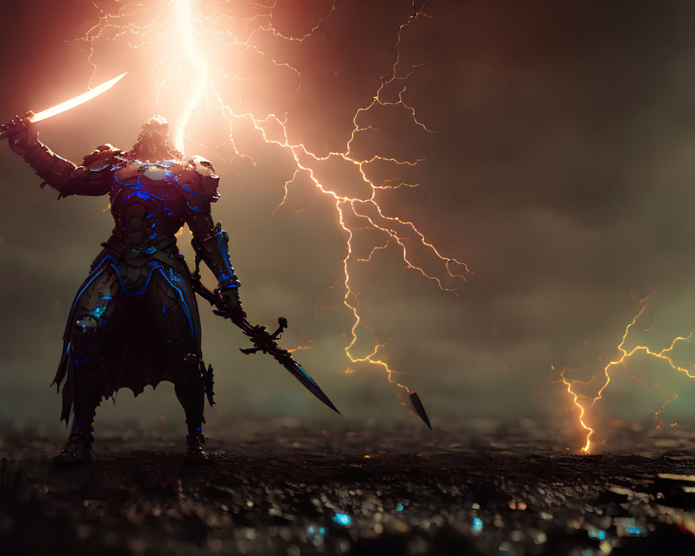 Futuristic armored warrior with glowing sword in stormy setting
