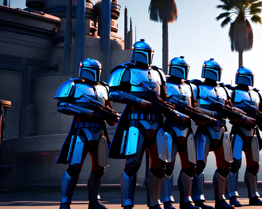 Blue and White Armored Clone Troopers in Courtyard Formation