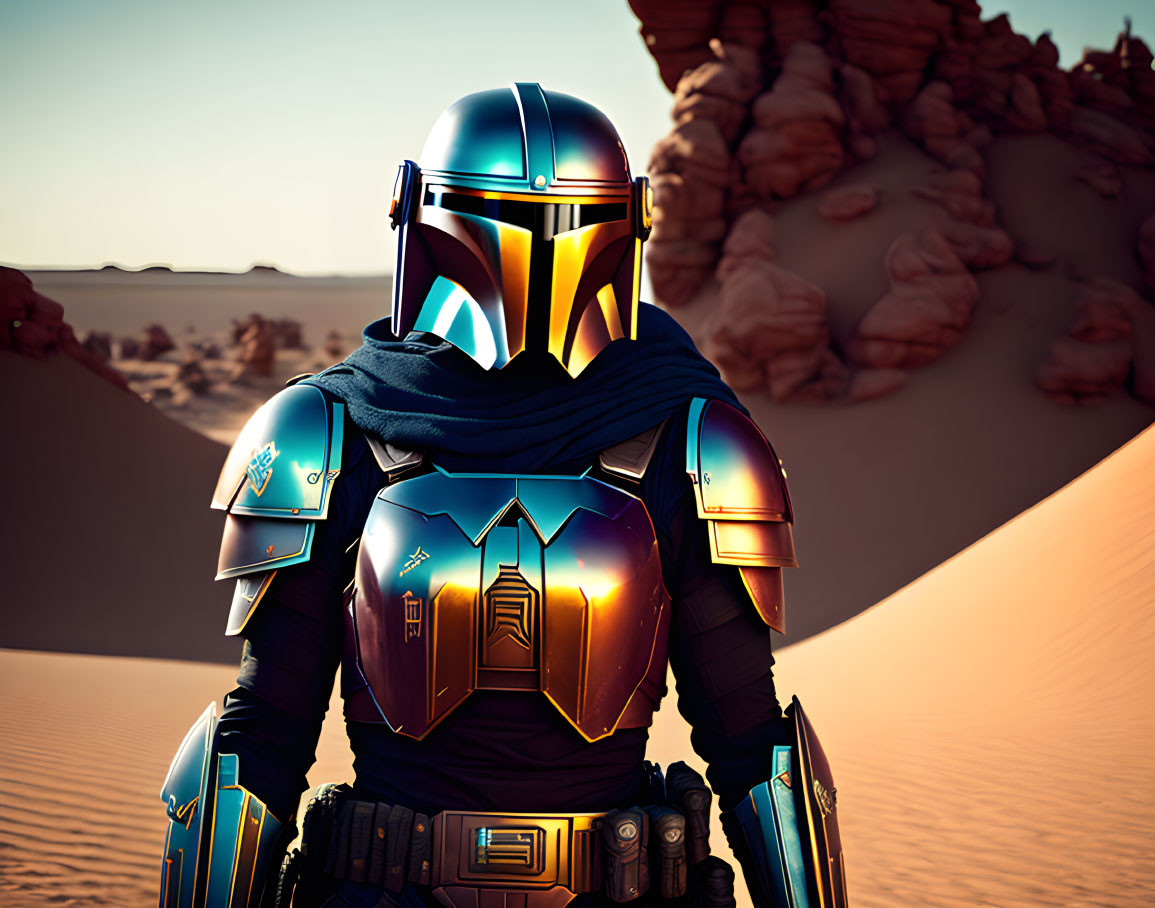 Futuristic blue and gold armored person in desert landscape