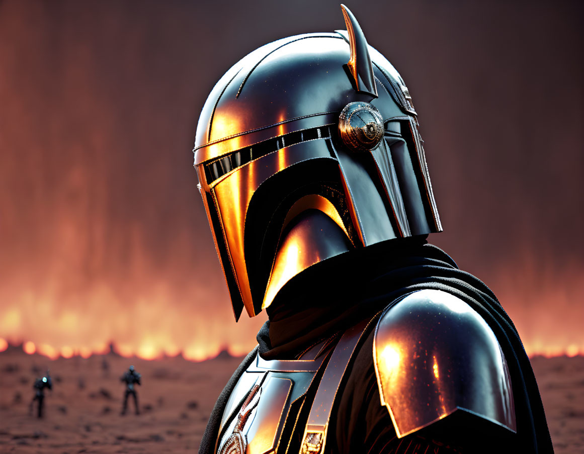 Armored character with T-shaped visor helmet in fiery landscape.