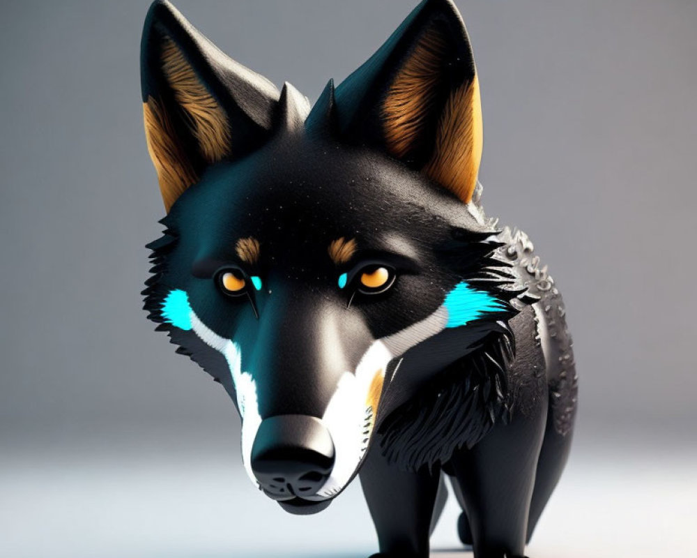 Glossy Black Wolf with Teal Accents and Amber Eyes