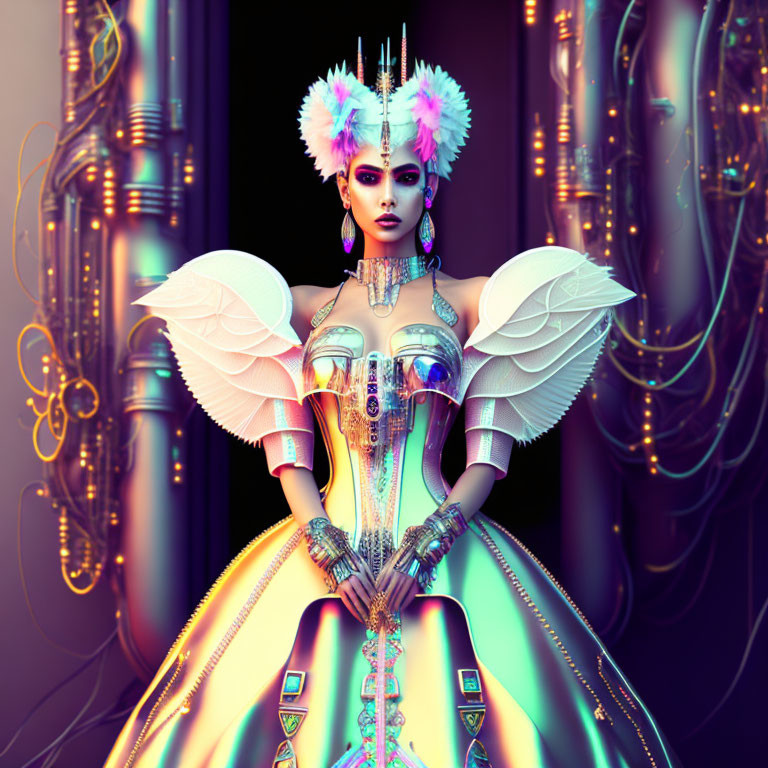 Futuristic woman in metallic costume with vibrant colors against dark background