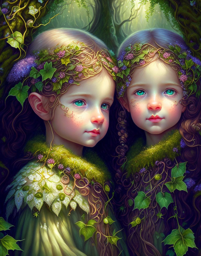 Fantastical elf-like children with blue eyes in lush green setting