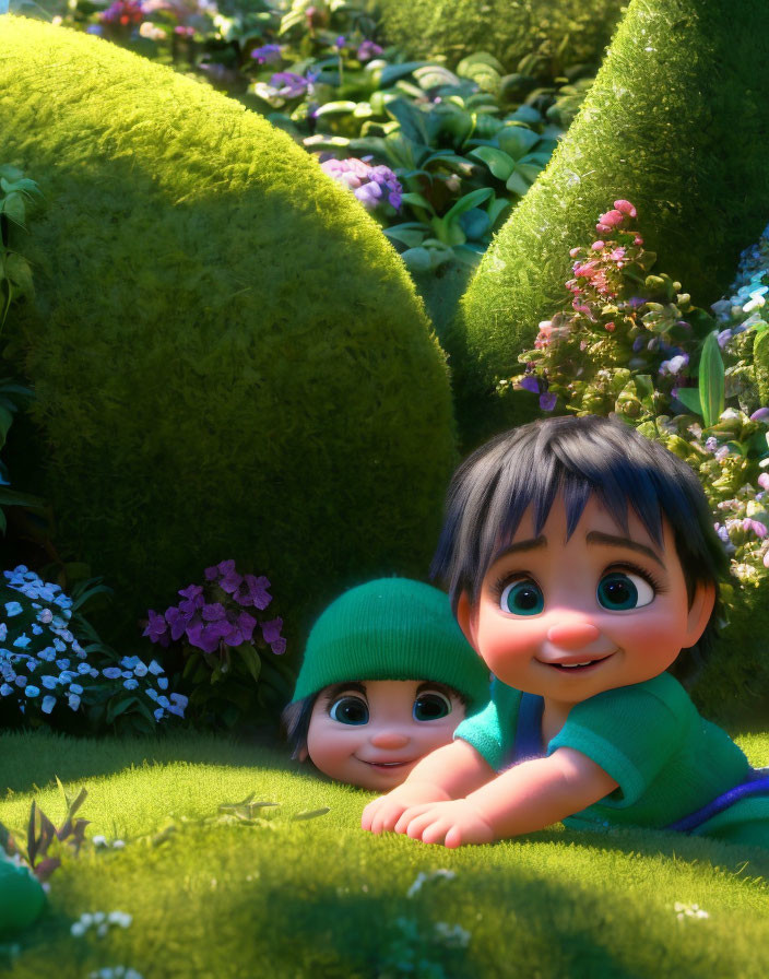 Vibrant garden scene with two animated children playing