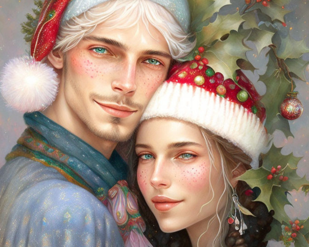 Festive Couple with Sparkling Eyes in Santa Hats for Holiday Cheer