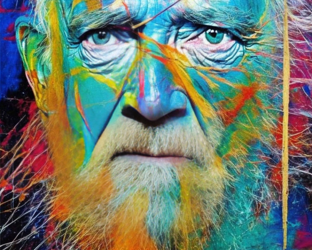 Colorful portrait of elderly man with intense eyes in blues, yellows, and reds