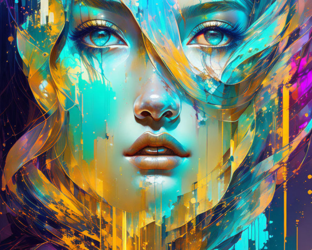 Colorful Abstract Digital Art of Woman's Face in Blue, Gold, and Pink