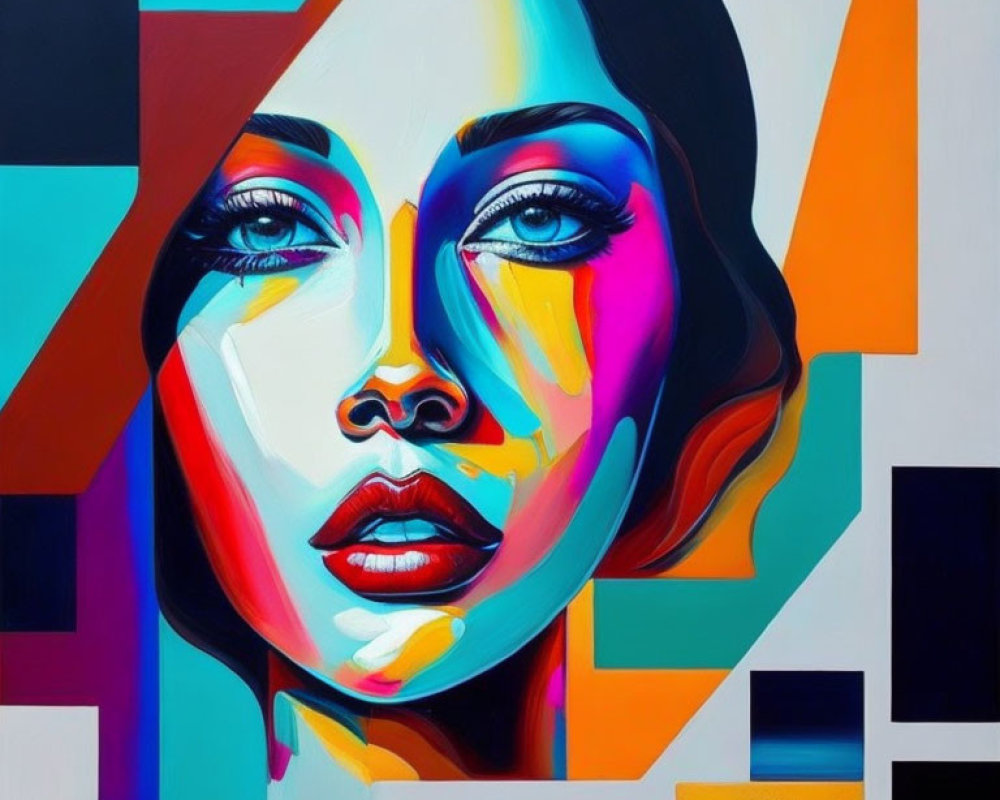 Colorful Abstract Portrait with Bold Geometric Shapes and Cubist Style of Woman's Face