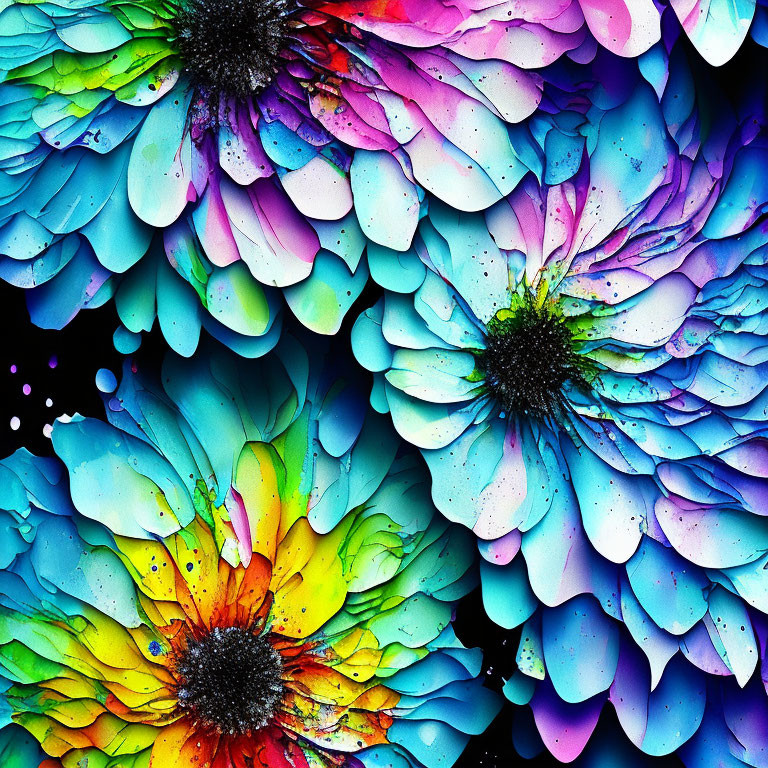Colorful Abstract Flowers on Dark Background: Gradient hues create vibrant floral scene